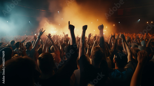 People with raised hands, silhouettes of concert crowd in front of bright stage lights © lelechka