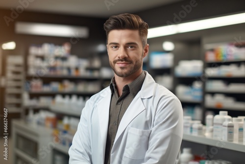 A pharmacist in his medical shop