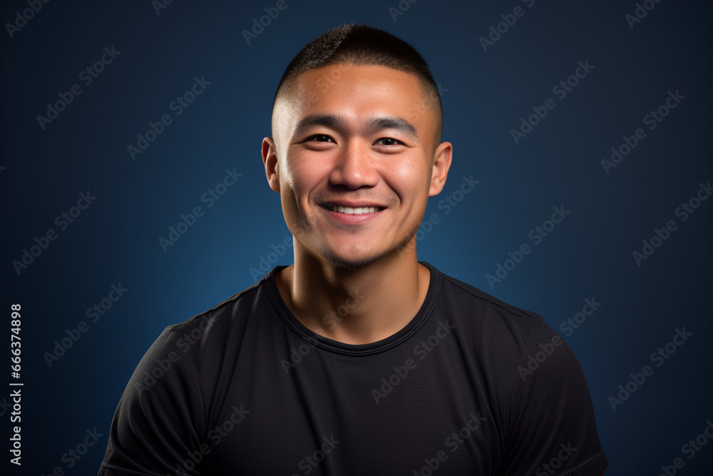 Fototapeta premium Close-Up Portrait of a Happy Fictional Japanese Male Model Smiling. Isolated on a Colored Background. Generative AI.