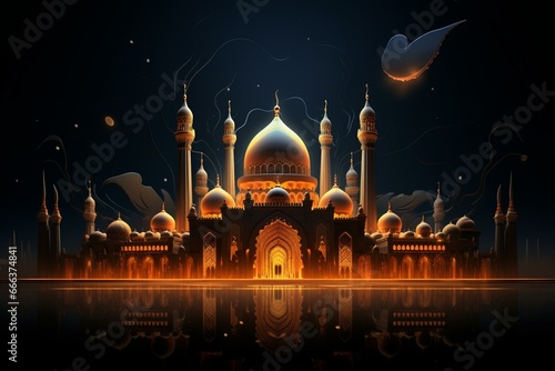 Stunning mosque illustration on a dark backdrop. Represents Islamic spirituality. Generative AI