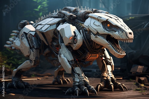 A robotic dinosaur fighter with enhanced abilities and technology. Generative AI