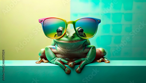 Farbenfroher Frosch in schillernder Sonnenbrille: Ein ausdrucksstarkes Kunstwerk in beeindruckender 4K-Auflösung, das die Magie der Natur mit modernem Flair verbindet