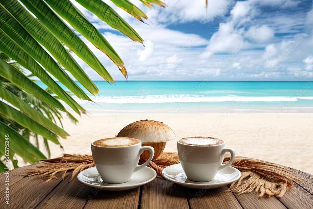 Coffee at the Beach: Tropical Paradise with White Sand and Coco Palms - Stunning Digital Image