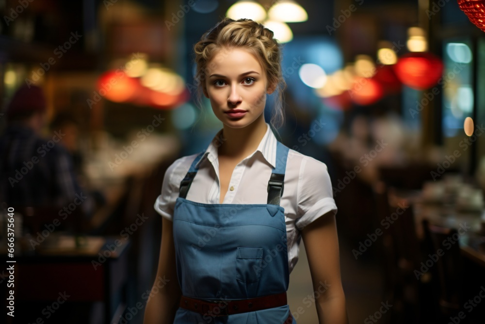 Portrait photograph of a waitress in a restaurant wearing apron Portrait photograph of a waitress in a restaurant wearing apron