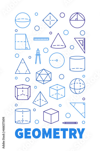Geometry Learning Course concept outline vertical blue banner - vector illustration with geometric figures