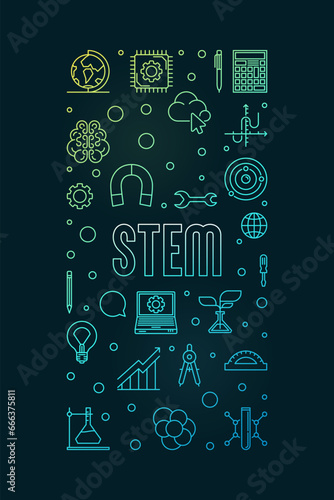 STEM - Science, Technology, Engineering and Math concept vertical colored banner. Vector outline illustration with dark background