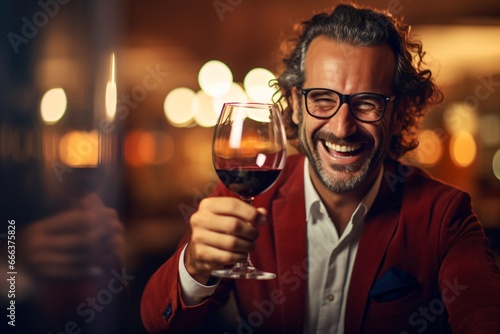 Portrait photograph of a winetaster man tasting red wine