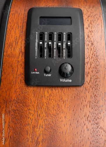 Obraz na plátně Pickup and tuner of guitar, close up shot, bass, middle and treble zone to tune