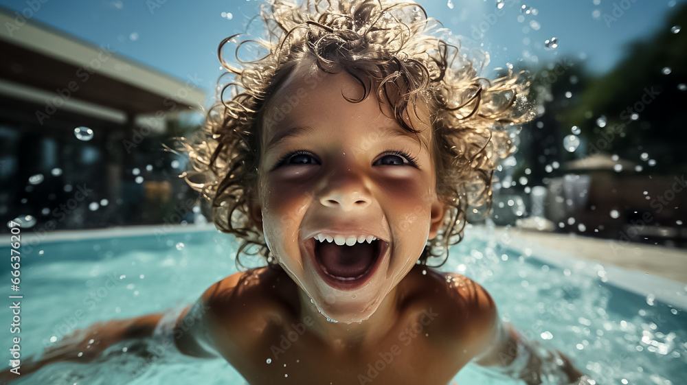 Happy kid have fun in swimming pool. swimming under water, Funny child swim, dive in pool jump deep down underwater from poolside. Healthy lifestyle, people water sport activity, swimming