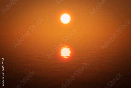 Abstract bright orange sea sunset during fog.
