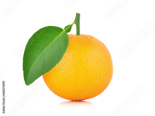 Fresh orange fruit with leaf isolated on white background