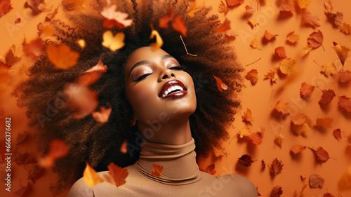Fototapeta Naklejka Na Ścianę i Meble -  Beautiful african model with afro hair with autumn leaves
