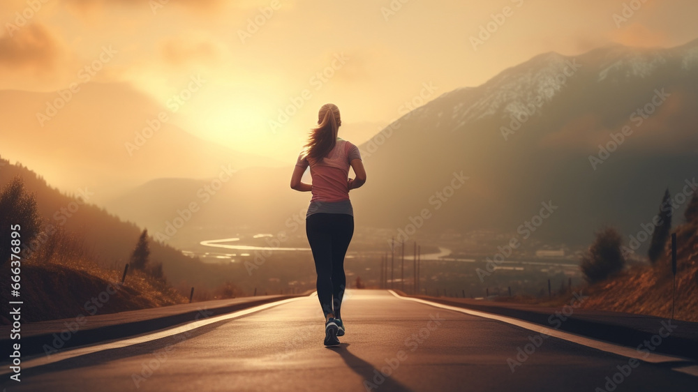 Young sporty woman jogging on mountain road at the morning with sunrise Young sporty woman jogging on mountain road at the morning with sunrise