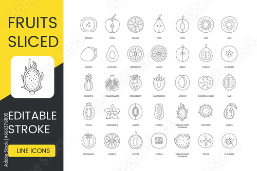 Fruit slices line icons set vector, editable stroke, avocado grapefruit and lemon, grape and pomelo, blueberry and pineapple, pomegranate and strawberry, raspberries and apricot, cherries and cherry.