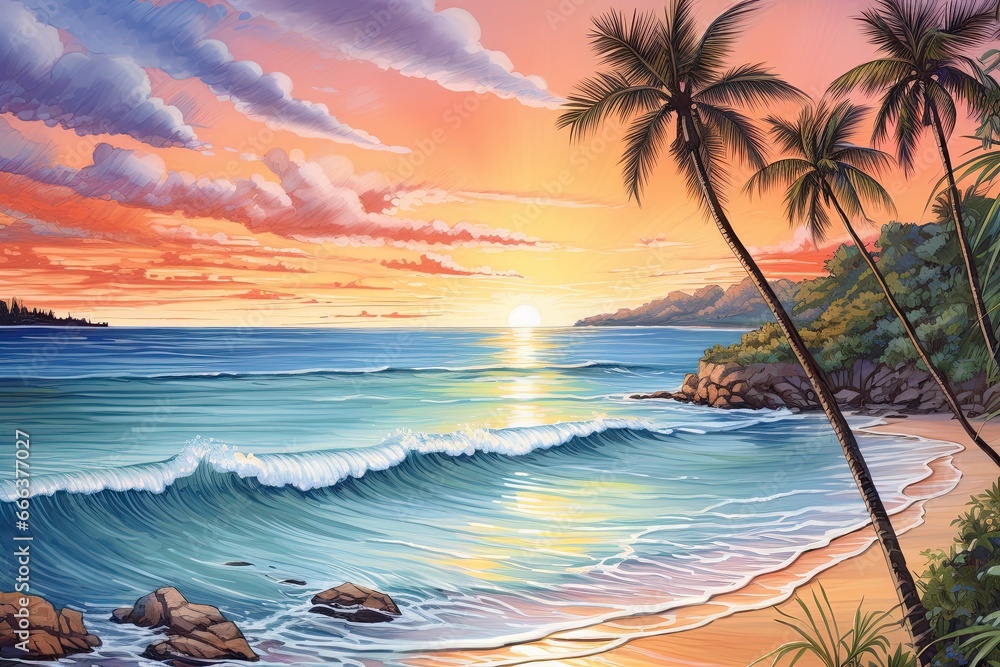 Empty Tropical Beach and Seascape: Stunning Sunset Beach Drawing