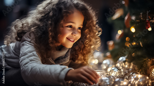 happy little girl decorating christmas tree at home, winter holidays, charity and people concept Merry Christmas Holiday concept