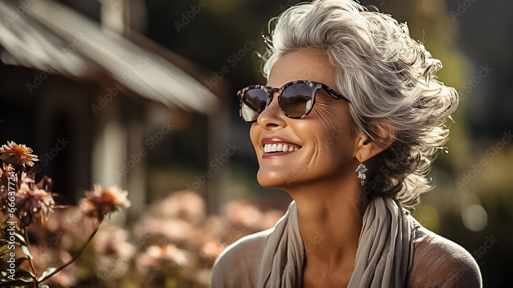 Happy mature gray hair retired woman enjoying and looking out the window at home Happy mature gray hair retired woman enjoying and looking out the window at home