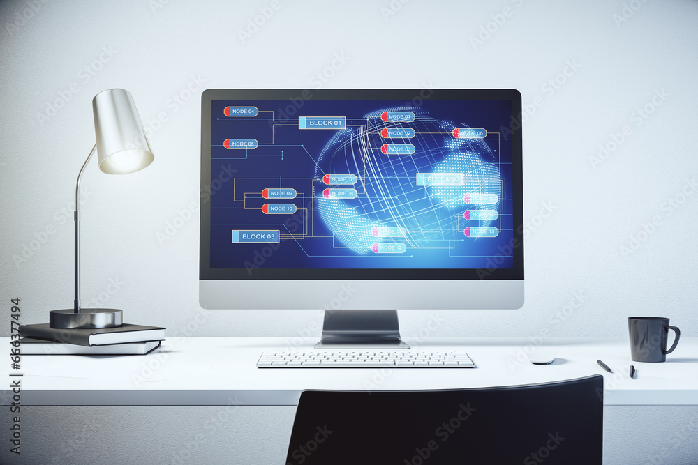Abstract creative coding illustration with world map on modern computer monitor, international software development concept. 3D Rendering Abstract creative coding illustration with world map on modern computer monitor, international software development concept. 3D Rendering