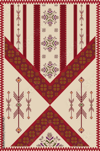 Ethnic carpet, rug, wall tapestry embroidery pattern. Vector ethnic geometric pattern pixel art style. Ethnic geometric stitch pattern use for home decoration elements, wall decorative ornaments, etc.