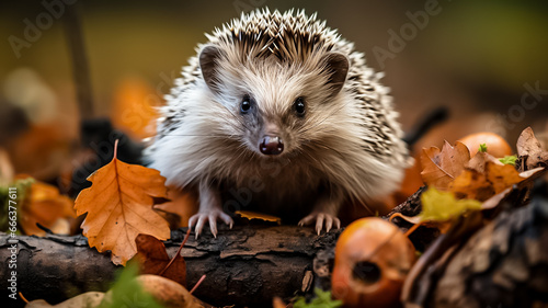 Hedgehog Scientific name Erinaceus Europaeus. Wild, native, European hedgehog in Autumn foraging on a fallen log with colourful orange and yellow leaves. Horizontal. Space for copy. Autumn forest photo