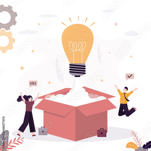 Happy co-founders launch new project. Big light bulb take off from open box. Innovation idea, startup launch, crowdfunding concept. New business development,