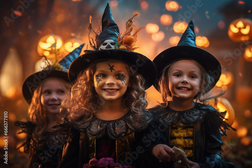 Jolly children in carnival costumes ready for Halloween in halloween decorations