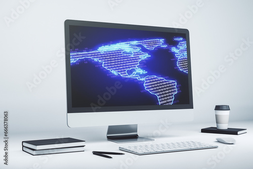Modern computer monitor with America map, research and strategy concept. 3D Rendering
