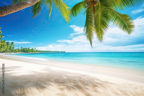 Holiday Summer Beach Background  Tropical Paradise with White Sand and Coco Palms