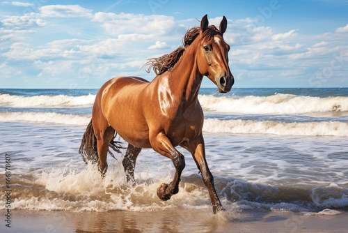 Horse on Beach: Captivating Wave of the Sea on the Sand Beach © Michael