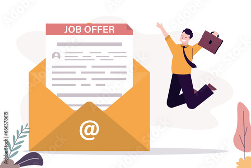 Job offer document in huge yellow envelope. Happy caucasian male employee with briefcase. Hiring new staff. Job invitation letter after interview. Recruitment, work contract
