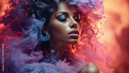 Mysterious sensual woman with bright make-up, shrouded in a background of colored smoke. Ai design