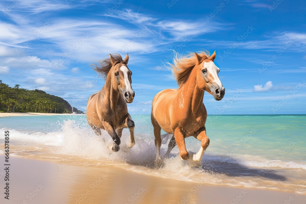 Fototapeta premium Horses Running on Beach: Tropical Holiday Beach Banner with Majestic Equine Scenes