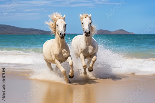 Horses Running on Beach: Captivating Blue Ocean Wave and Sandy Beach Background