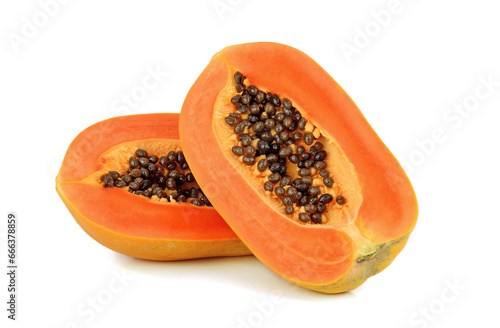 Papaya fruit with seeds isolated on white background