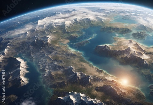 fantasy view of the earth seen from outer space showing land and seas from above and beautiful skies in outer space