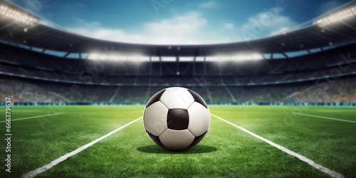 a soccer ball on the stadium grass, stadium background