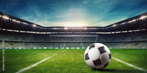 a soccer ball on the stadium grass  stadium background