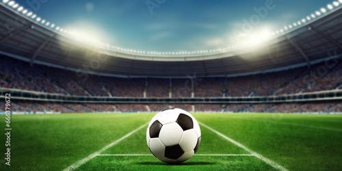 a soccer ball on the stadium grass, stadium background © candra