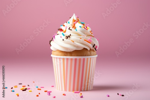 Cake to go with cream and sprinkles in paper cup on bright background
