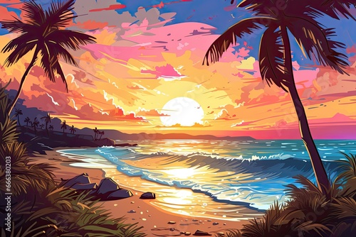 Beautiful Tropical Beach and Sea: Nature Landscape View in Sunny Day with Beach Sunset Drawing