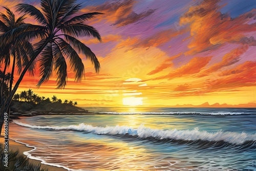 Palm Tree Beach Sunset: Captivating Beach Drawing Inspired by Tropical Vibe