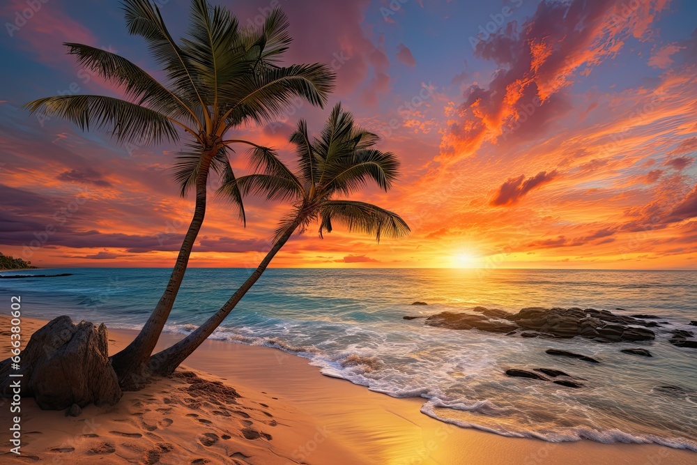Palm Tree Beach Sunset: Vibrant Soft Sand Beach Photography Capturing the Beauty of Tropical Paradise