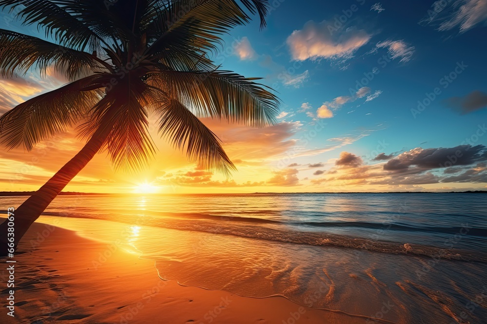 Palm Tree Beach Sunset: Tranquil Summer Mood with Relaxing Sunlight at Beach