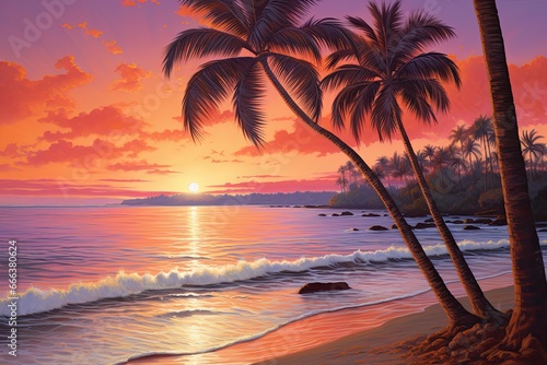 Palm Tree Beach Sunset: Captivating Soft Sand Beach with Tranquil Tropical Vibes