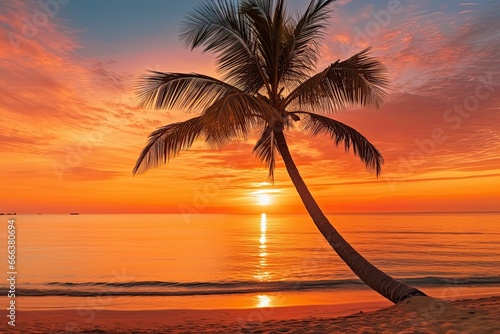 Orange and Golden Sunset Sky on Beach: Serene Palm Tree Highlighting the Tropical Beauty