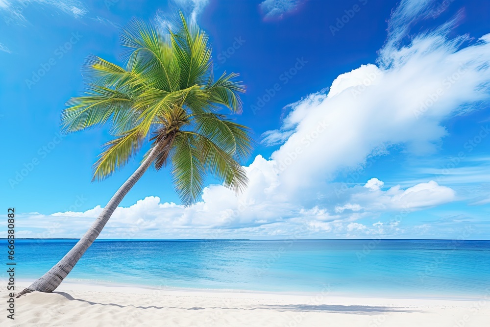 Fototapeta premium Palm Tree on Tropical Beach: Aesthetic Pictures of Blue Sky, White Clouds, and Abstract Background