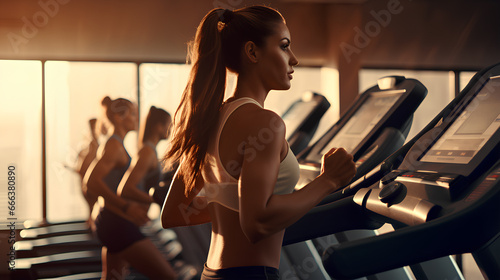 Female in fitness clubs run on treadmills.
