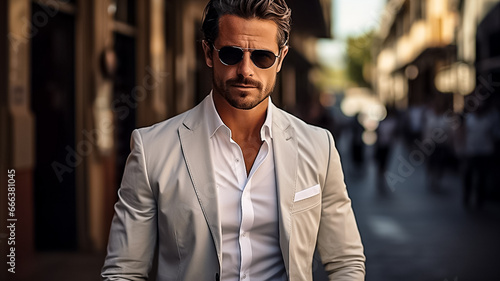 Portrait of a handsome, confident stylish businessman. Fashionable modern man dressed in an elegant white classic suit on the background of a street in a European city in sunglasses