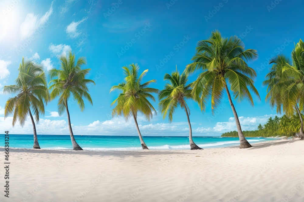 Palm Trees on Beach: Wide Panorama Beach Background Concept - Captivating Tropical Scenery Palm Trees on Beach: Wide Panorama Beach Background Concept - Captivating Tropical Scenery