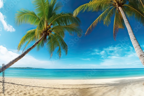 Palm Trees on Beach: Wide Panorama Beach Background Concept - Stunning Tropical Paradise Landscape © Michael